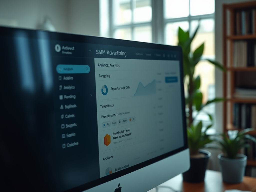 На экране компьютера отображается интерфейс для аналитики SMM-рекламы с графиками и целями.
