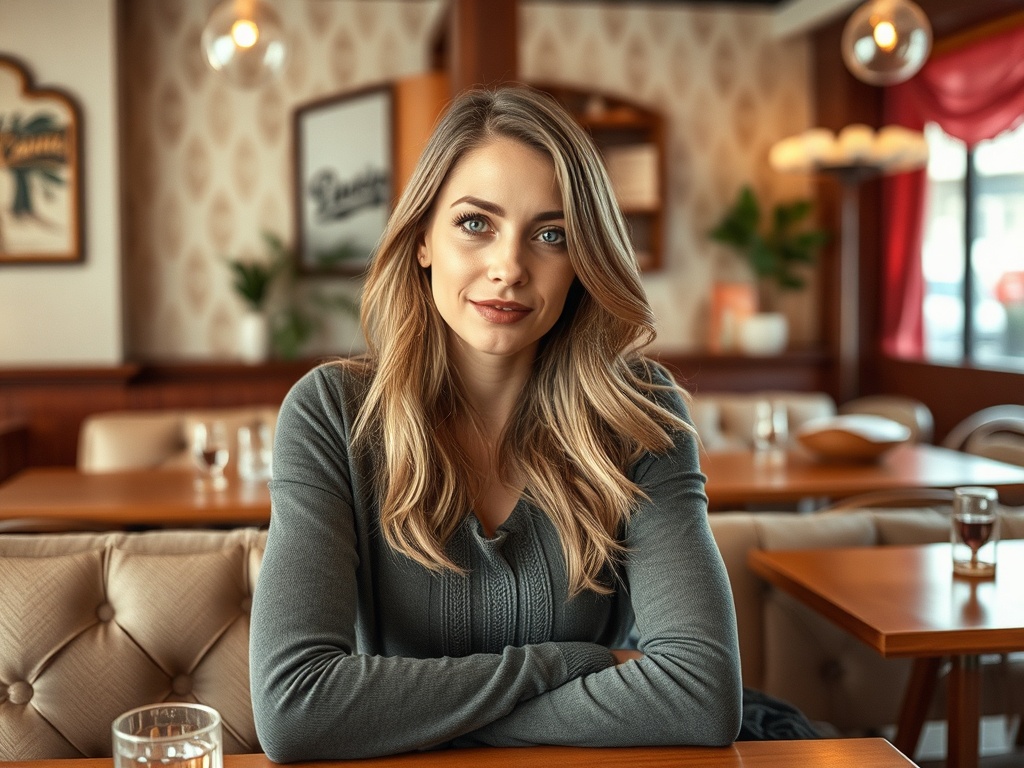 Женщина с длинными волосами сидит за столом в уютном кафе, смотрит прямо и улыбается.