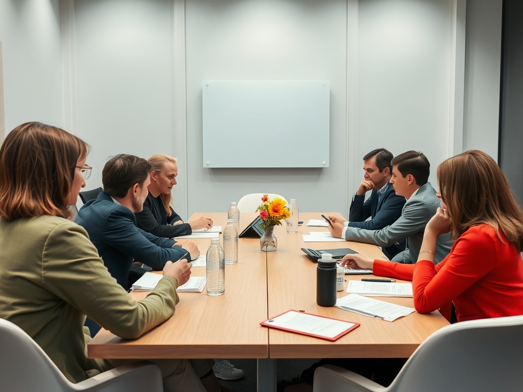 Группа людей на деловой встрече в современном офисе, обсуждают вопросы за столом. На столе цветы.