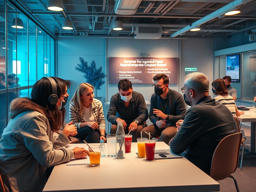 Группа людей на обсуждении в офисе, окружающие напитки, участники в масках и наушниках.