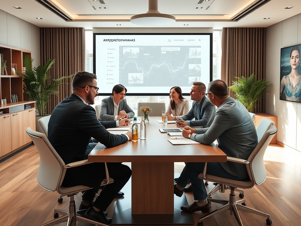 На встрече обсуждают идеи, один из участников указывает на экран с графиками и аналитикой.