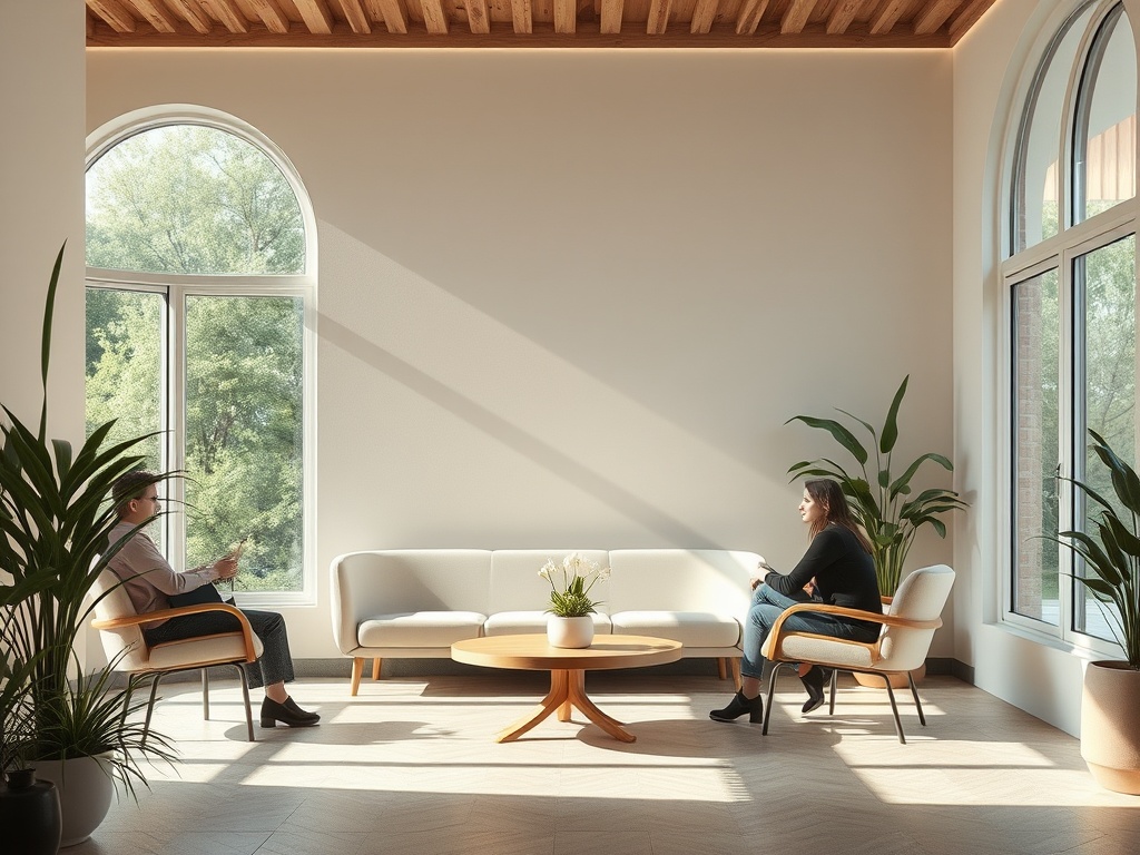 Два человека сидят в светлом помещении с большими окнами и растениями, общаясь друг с другом.