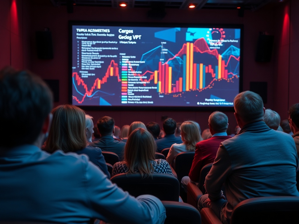 На мероприятии люди смотрят на экран с графиками и информацией о электрических машинах.