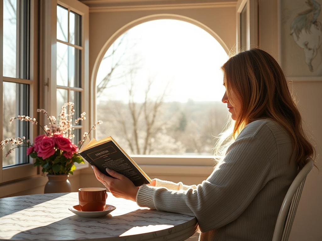 Женщина читает книгу у окна с видом на природу, рядом с чашкой кофе и букетом роз. Солнечный свет освещает комнату.