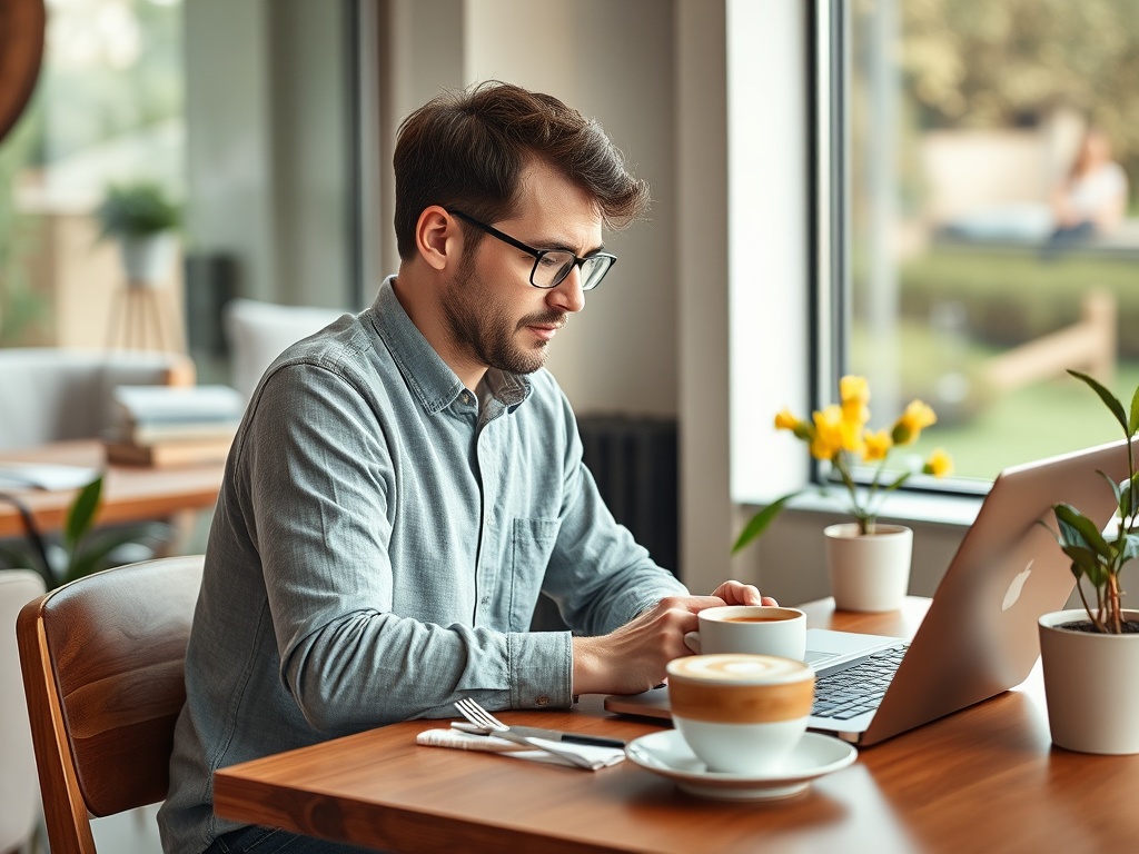 Молодой человек работает за ноутбуком в кафе, наслаждаясь чашкой кофе и окружающей атмосферой.