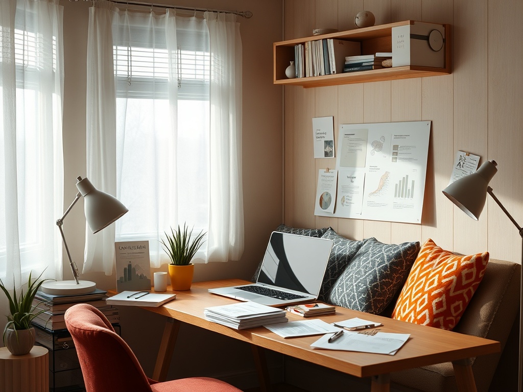 Светлый офис с письменным столом, ноутбуком, растениями и полками, наполненными книгами. Уютная атмосфера.