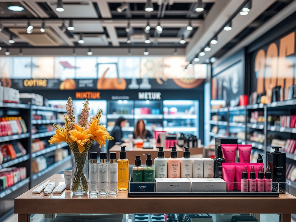 В магазине косметики на столе стоят флаконы с продуктами и букет цветов. На дальнем плане покупатели.